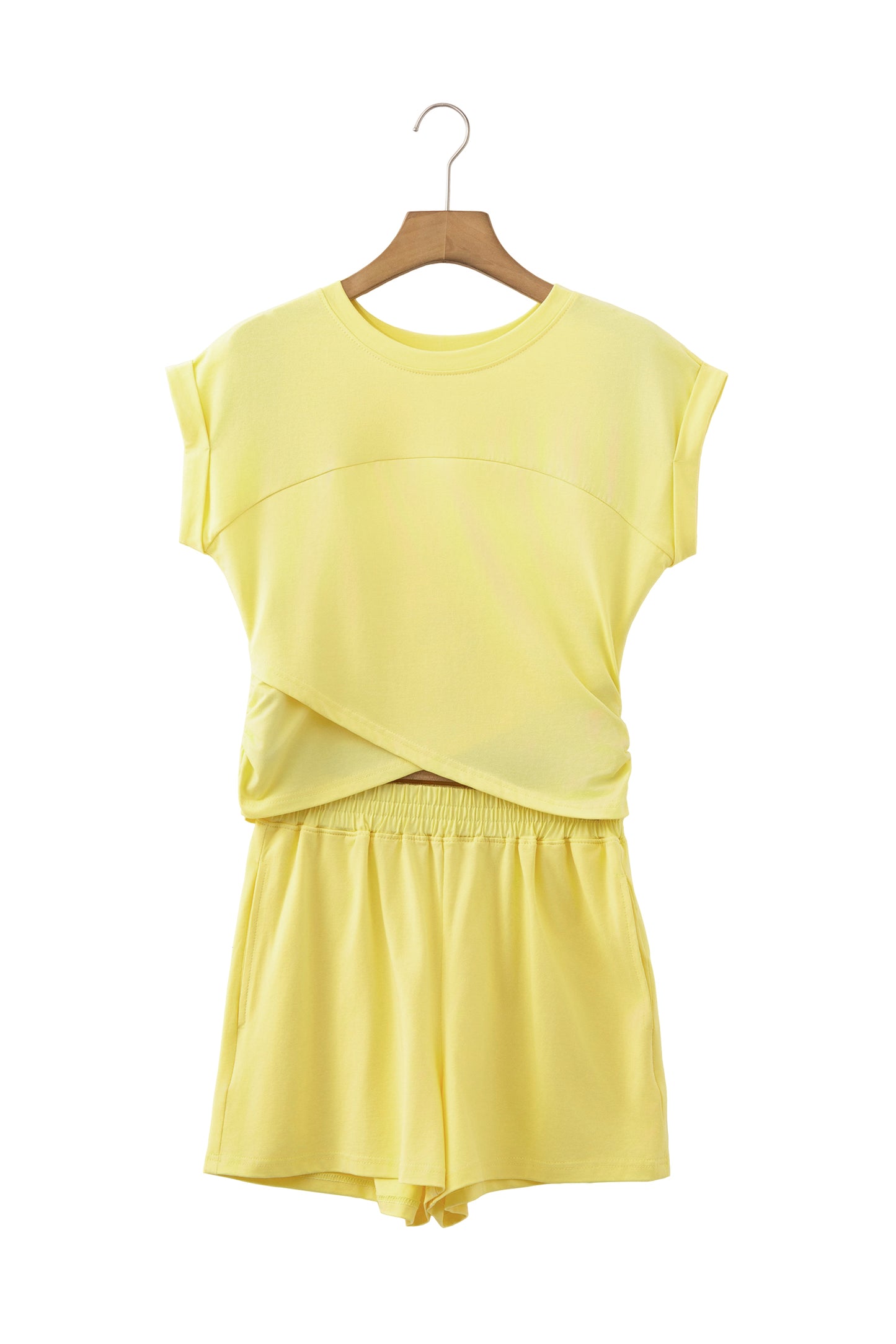 Mint Green Solid Short Sleeve Elastic Waist Pocket Casual Two Piece Short Set