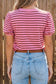 Rose Stripe Striped V-Neck Ribbed Collar Cuff Gathering Puff Sleeve Top