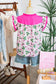 Pink Striped Strawberry Printed Color Block Patchwork V Neck Flutter Sleeve Blouse
