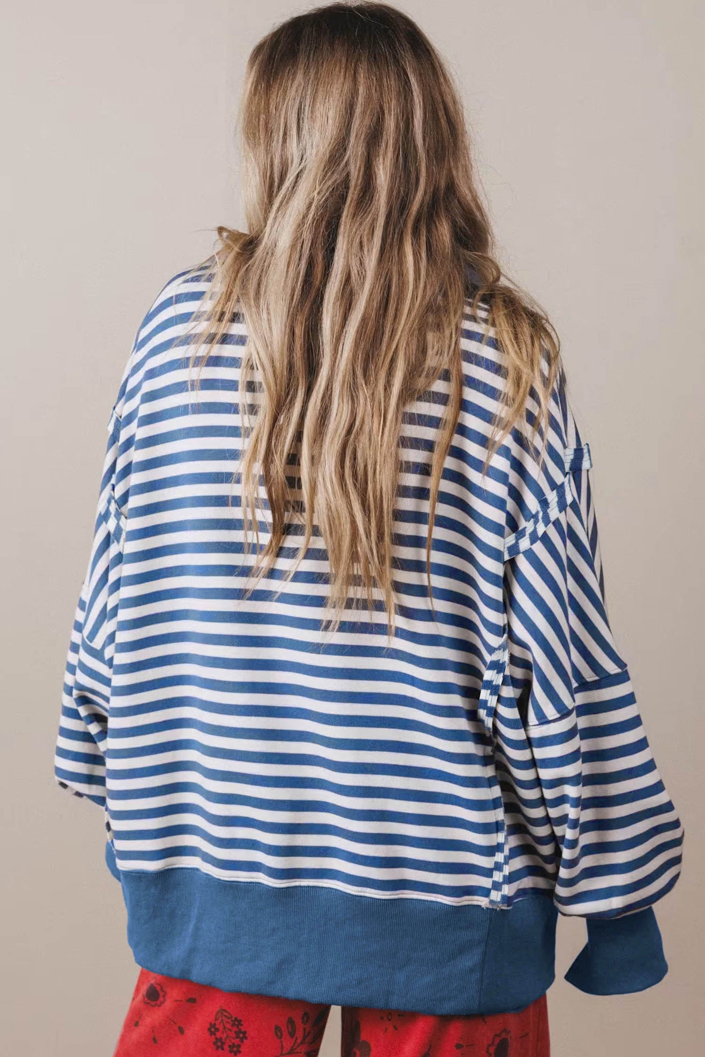 Brown Stripe Color Block Trim Raw Seam Split Hem Loose Pullover Sweatshirt