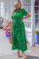White Floral Print Split Neck Shirred High Waist Ruffle Hem Maxi Dress
