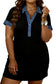 Black Colorblock Denim Collar Short Sleeve Plus Size Shift Dress