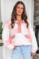 Pink Floral Quilted Half Button Pocketed Pullover Sweatshirt