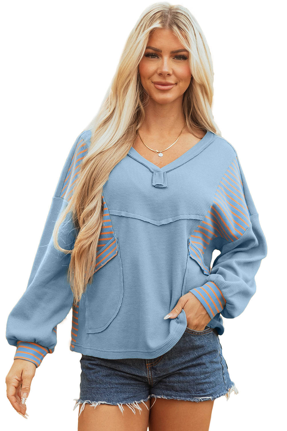 Dusk Blue Exposed Seam Waffle Striped Patchwork Baggy Pullover