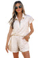 Beige Leopard Zip Polo Top 2pcs Short Set