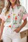 Beige Floral Striped Patchwork Ruffled Collar Short Sleeve Shirt