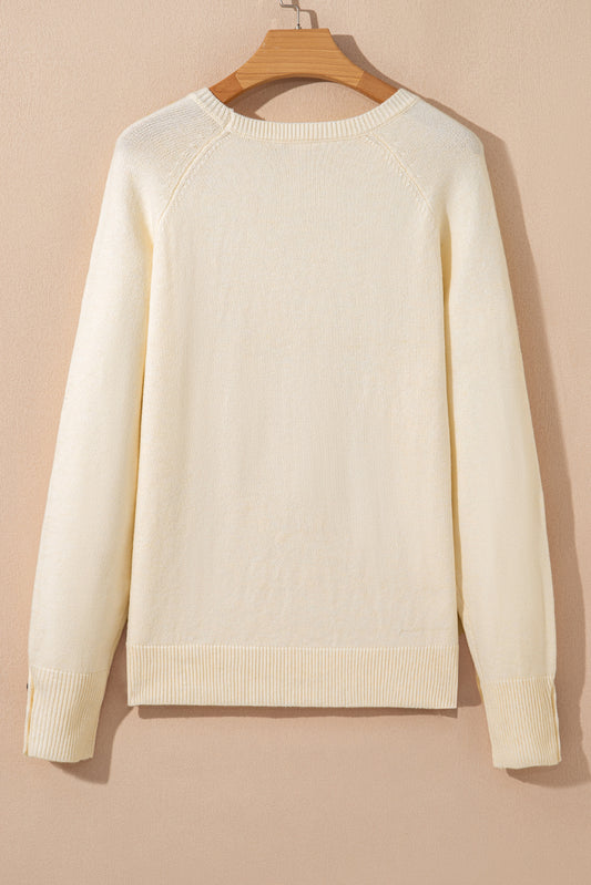Camel Buttoned Bishop Sleeve Crew Neck Sweater