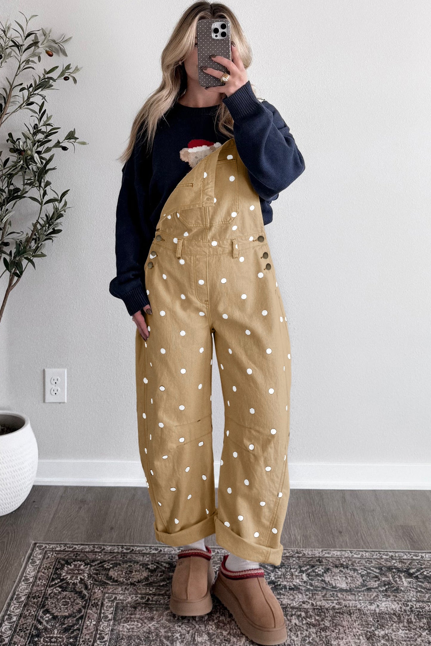 Jet Stream Polka Dot Print Bib Pocket Denim Barrel Overalls Jumpsuit