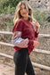 Red Sandalwood Plaid Colorblock Patchwork Sleeve Raw Seam Sweatshirt