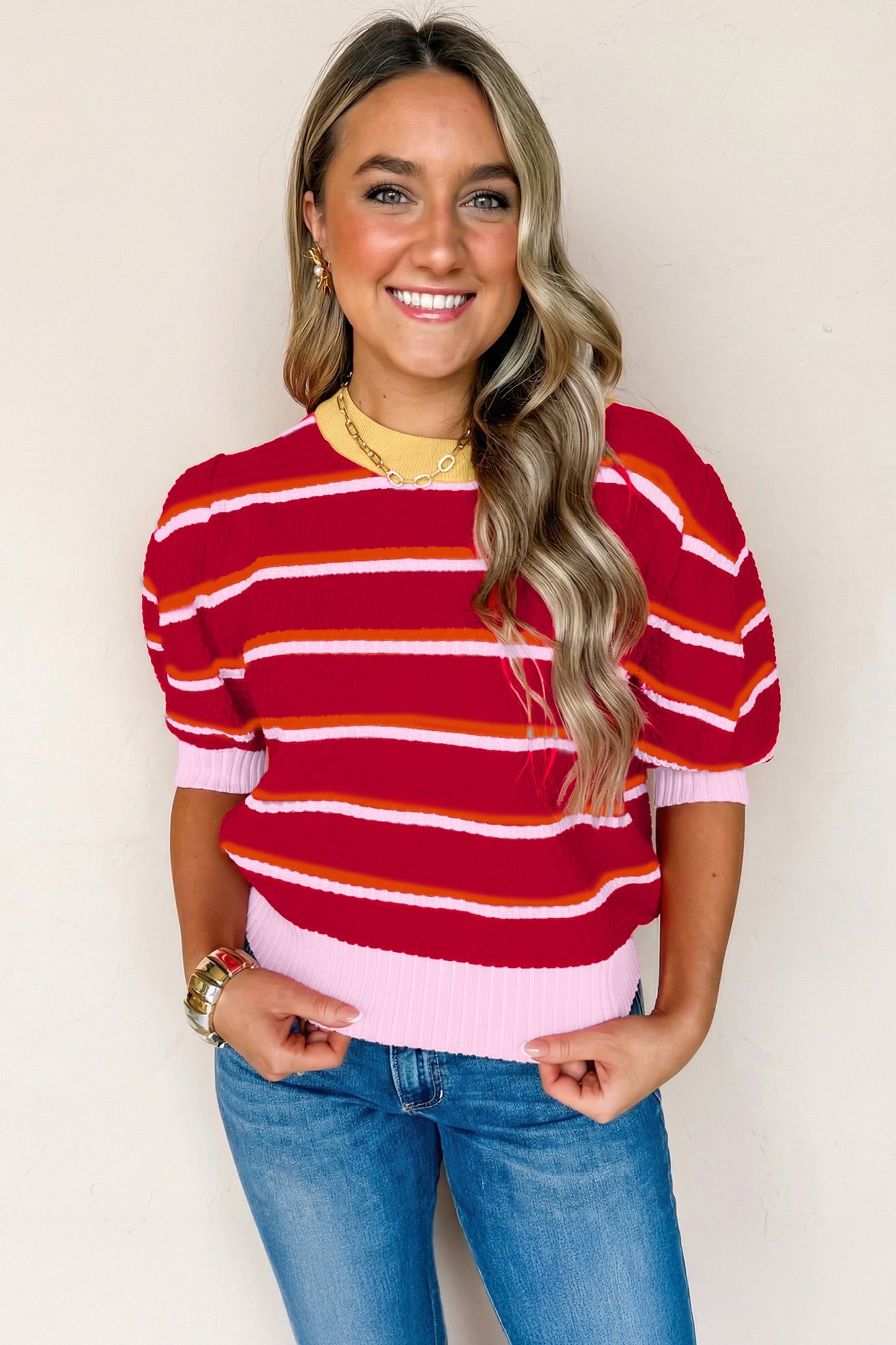 Green Stripe Colorblock Trim Half Sleeve Sweater Top