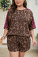 Brown Retro Leopard Print Contrast Varsity Stripe Trim Plus Size 2pcs Short Set
