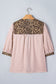 Pink Stripe Leopard Trim V Neck Button Down Half Sleeve Shirt