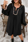 Black Plus Size Notched Neck Leopard Trim Flounce Long Sleeve Shift Dress