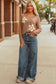 Fresh Salmon Floral Patchwork V Neck Long Sleeve T Shirt