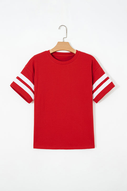 Fiery Red Varsity Striped Short Sleeve Crew Neck T Shirt