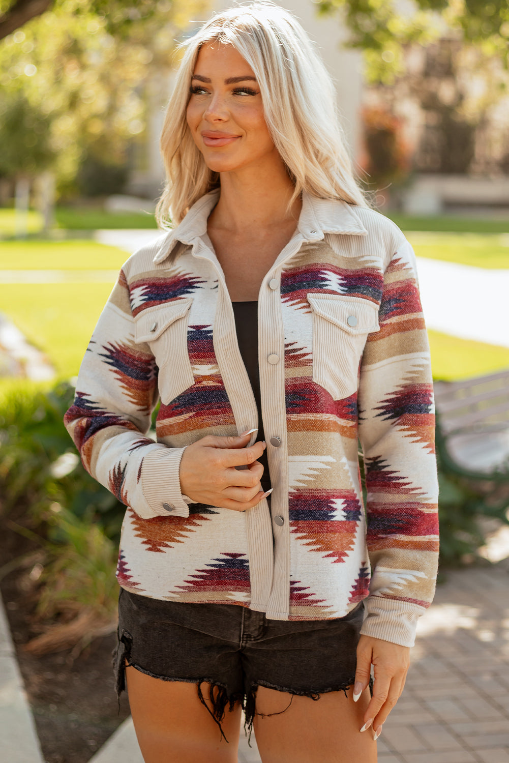 Multicolour Western Aztec Striped Patchwork Double Flap Pocket Raw Hem Shacket