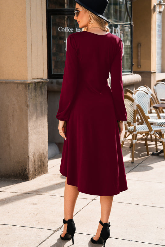 Blackish Green Solid Color Ruched Detail Long Sleeve Midi Dress