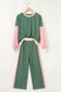 Rose Red 2pcs Color Block Pullover Loose Pant Set