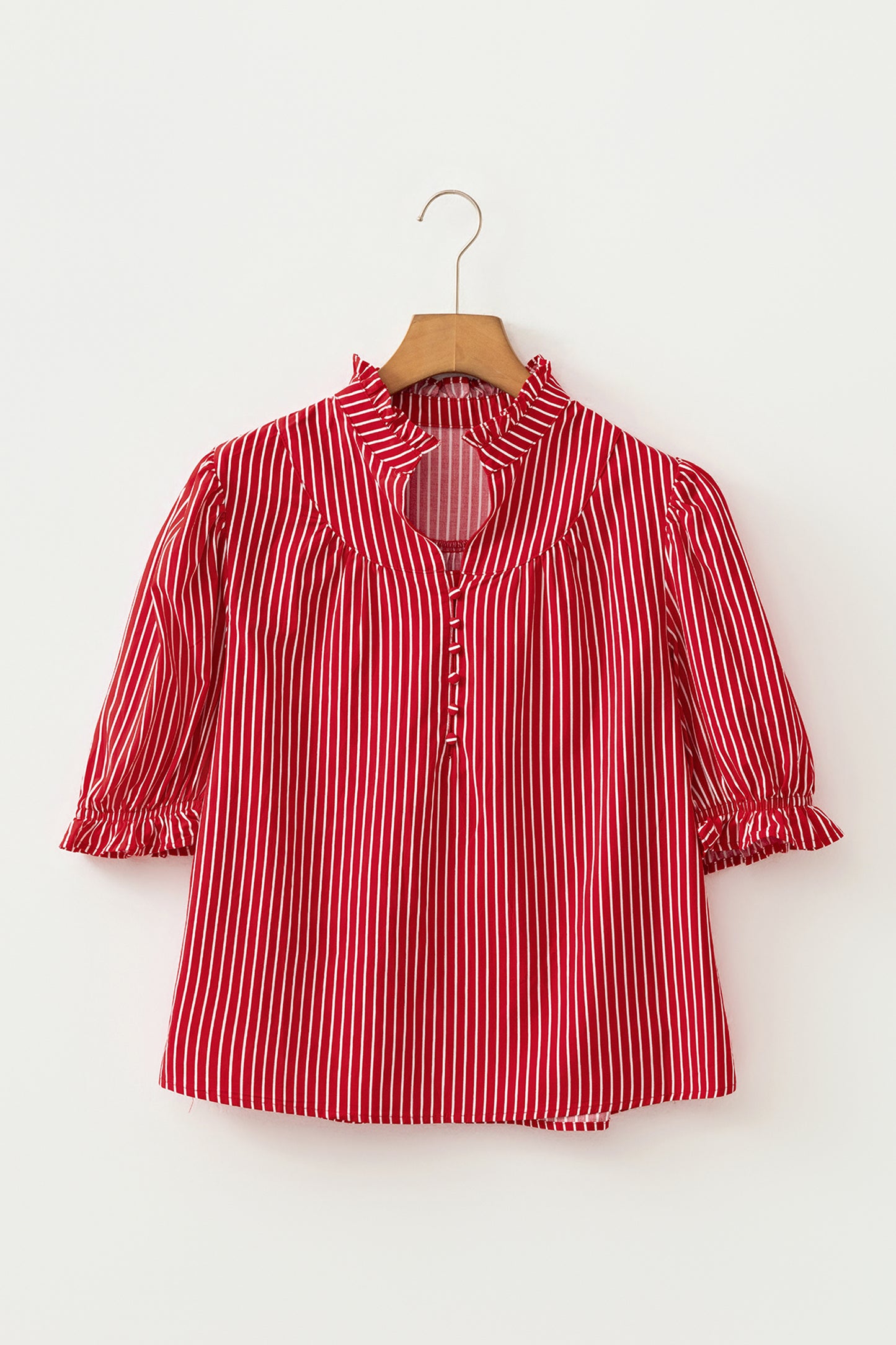 Red Stripe Ruffled Short Puff Sleeve Button Front Blouse