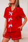 Fiery Red Contrast Trim Ribbon Bow Short Silky 2pcs Pajama Set