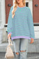 Green Stripe Contrast Ribbed Trim Crossed Stitch Drop Shoulder Sweatshirt