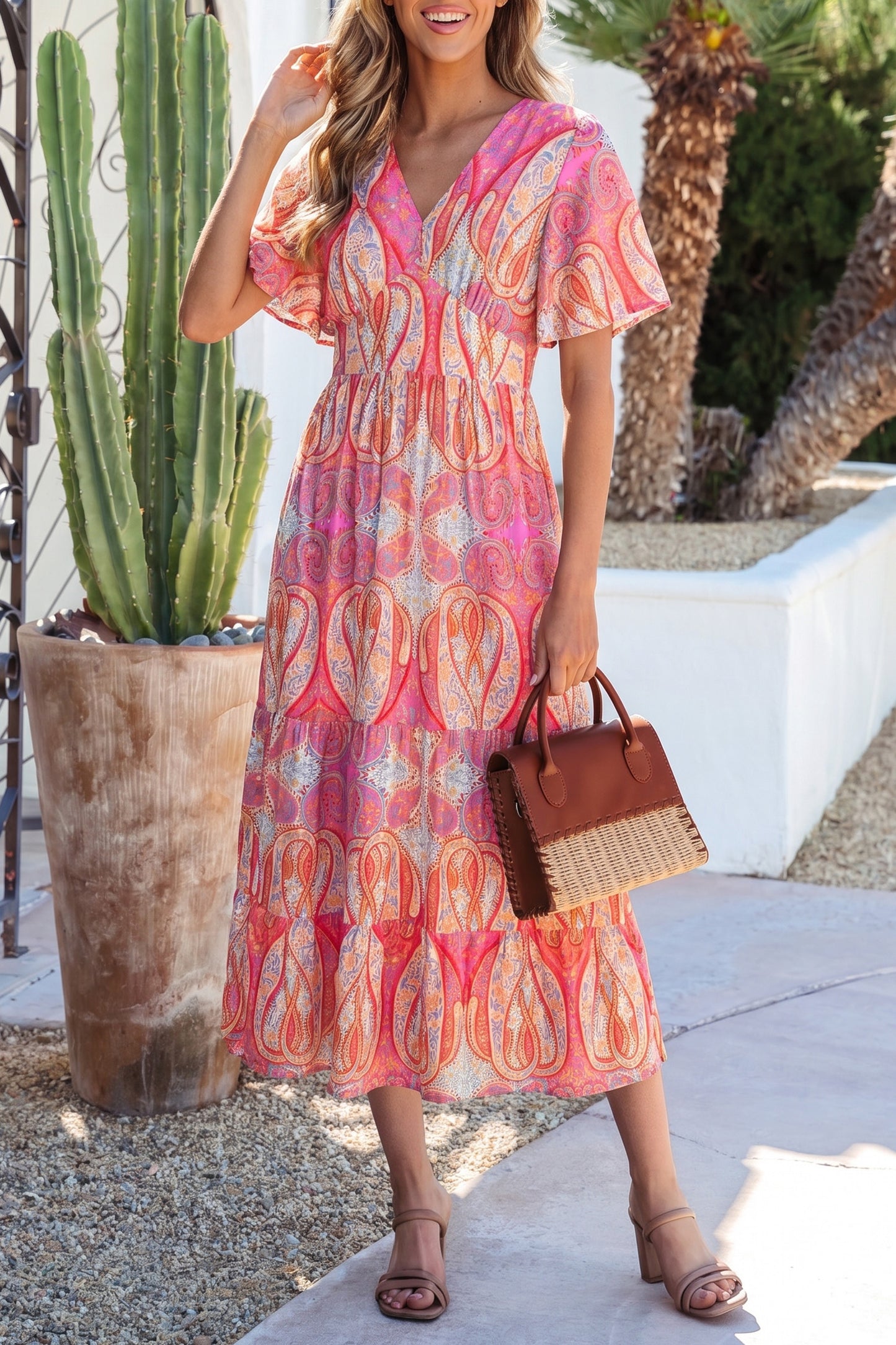 Multicolour Paisley Print V-Neck Short Sleeve Boho Maxi Dress with Ruffle Details