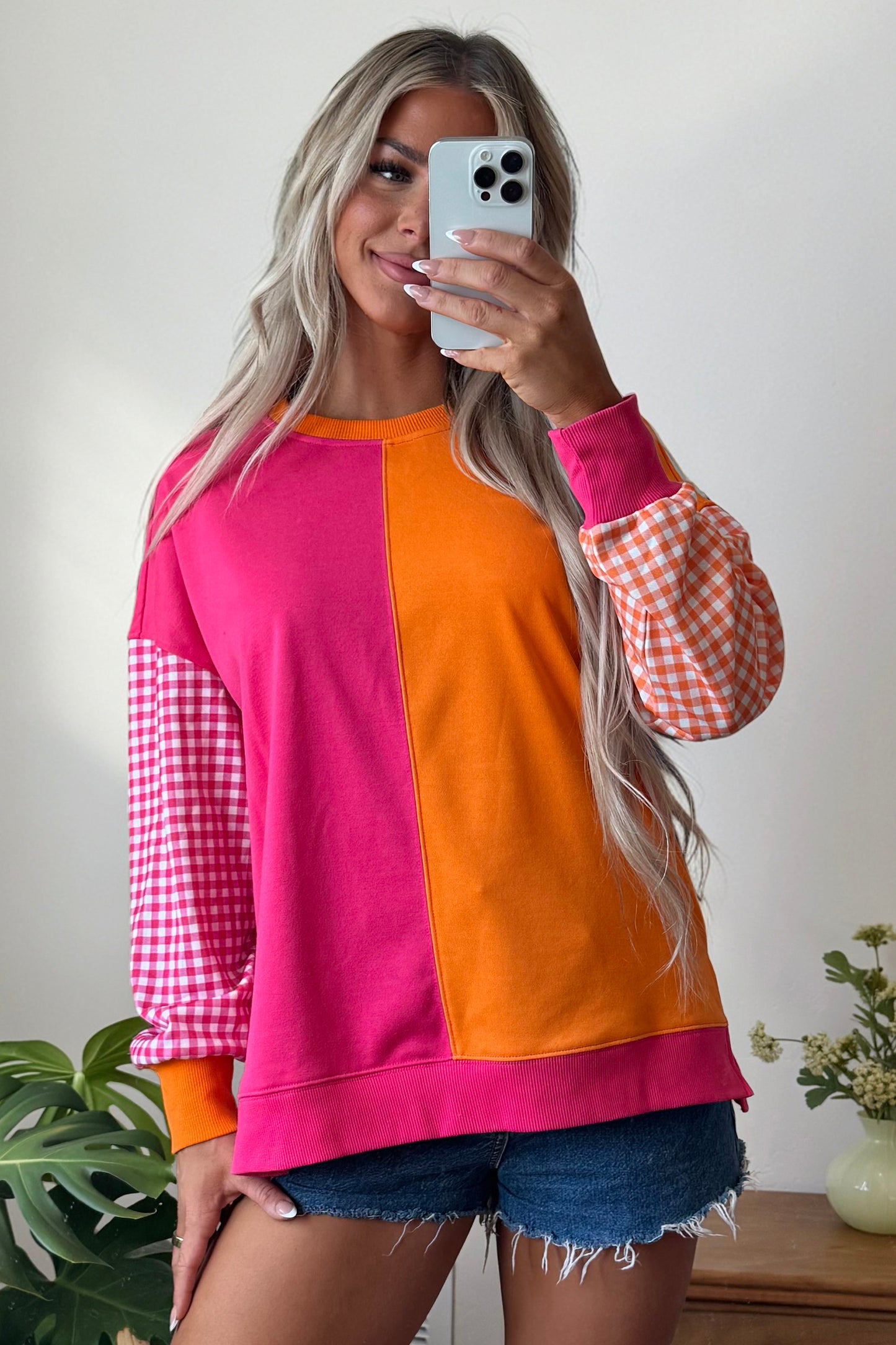 Light Blue Colorblock Gingham Sleeve Crewneck Sweatshirt