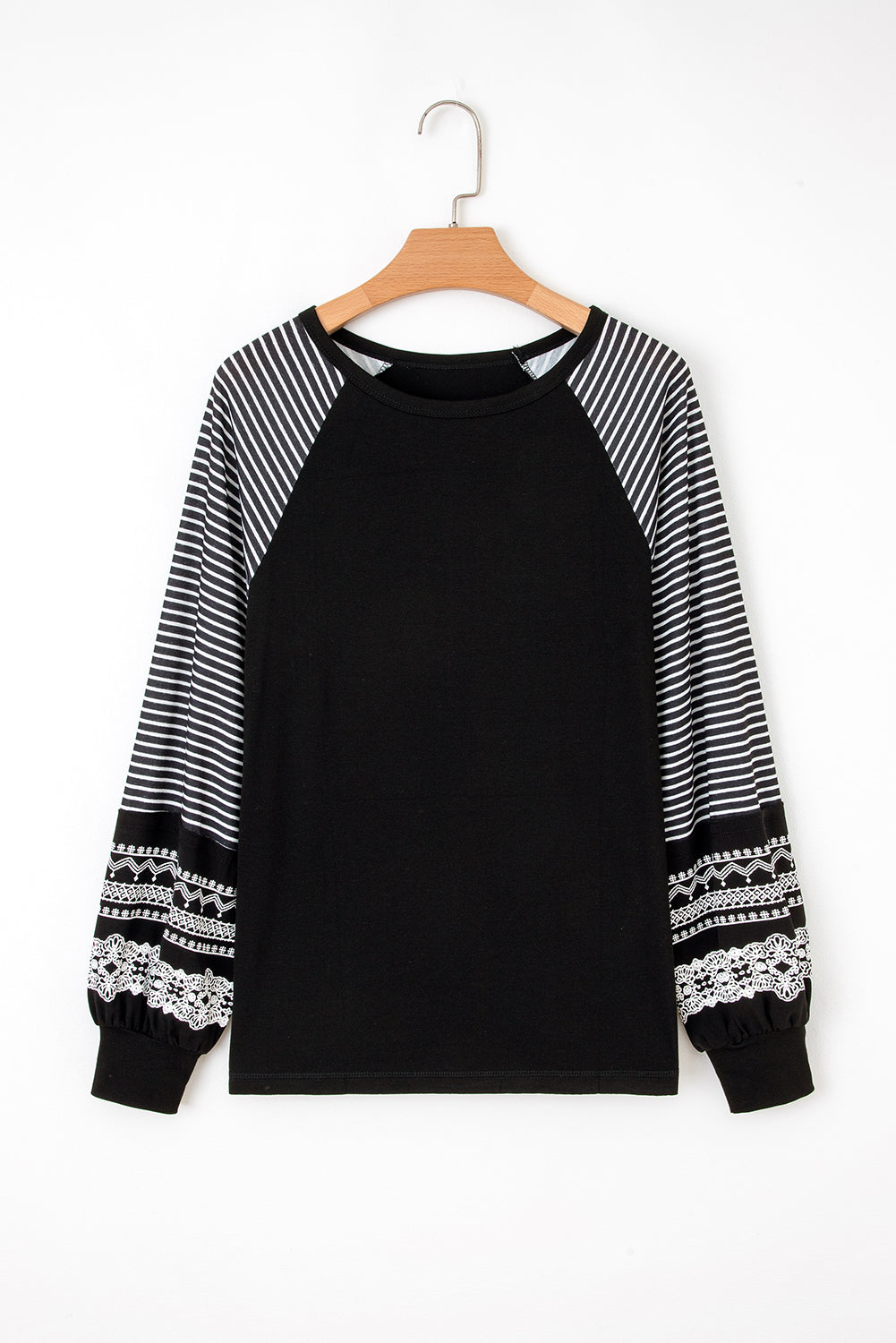 Navy Blue Contrast Print Striped Raglan Long Sleeve Loose Top
