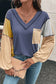 Sail Blue Exposed Stitching Colorblock V Neck Long Sleeve Top