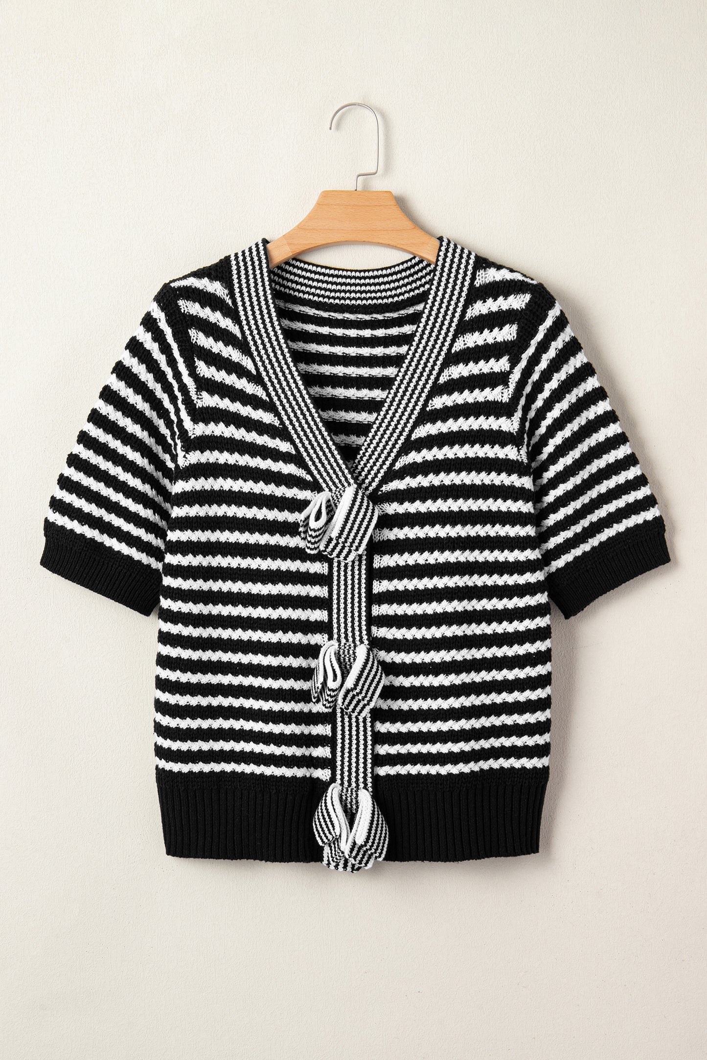 Sky Blue Stripe Short Sleeve Knit V Neck Bow Knot Sweater