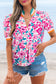 Pink Floral Print Contrast Striped Detail Short Sleeve Blouse