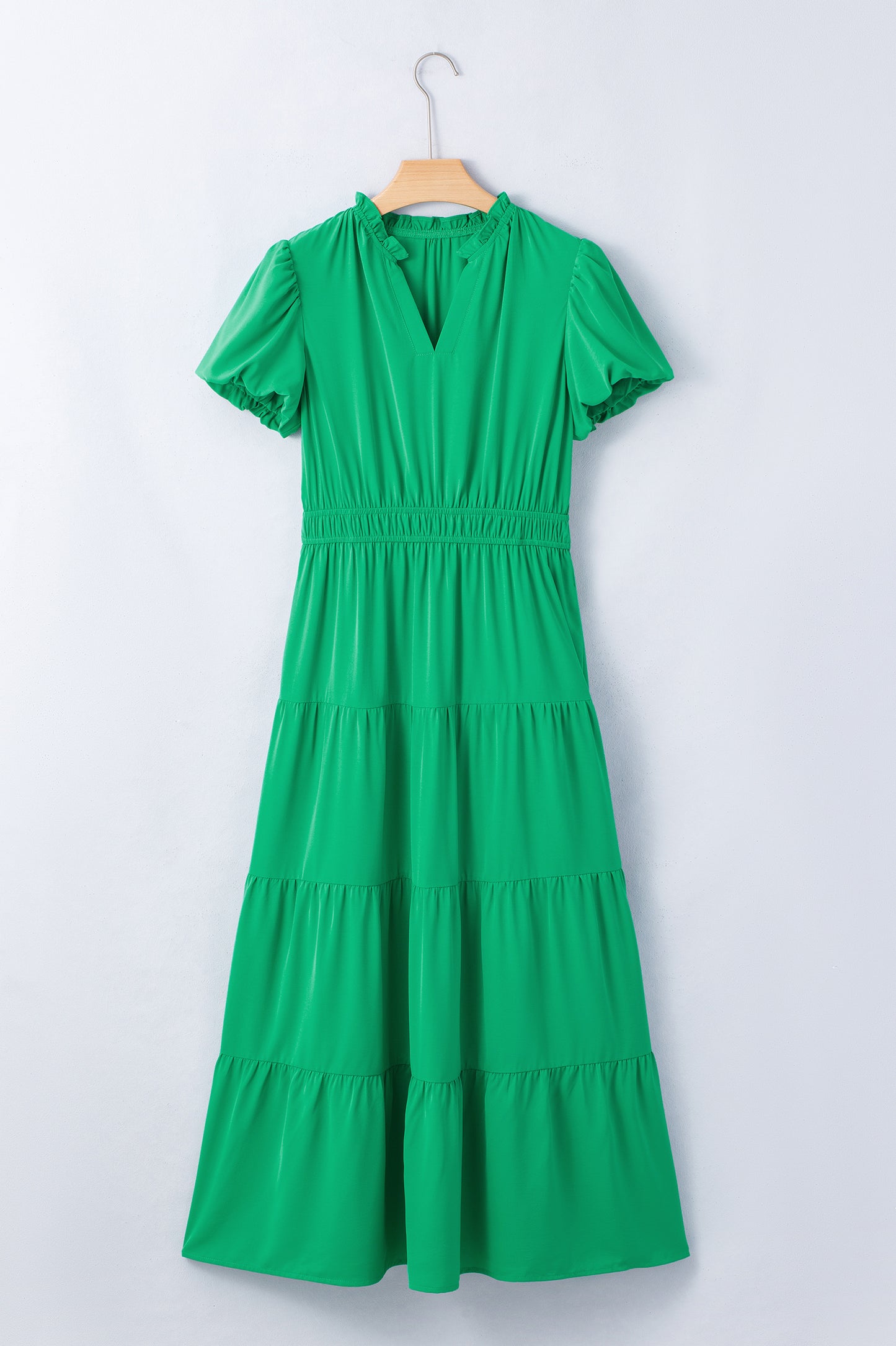 Clearly Aqua Solid Color V Neck Short Puff Sleeve High Waist Tiered Maxi Dress