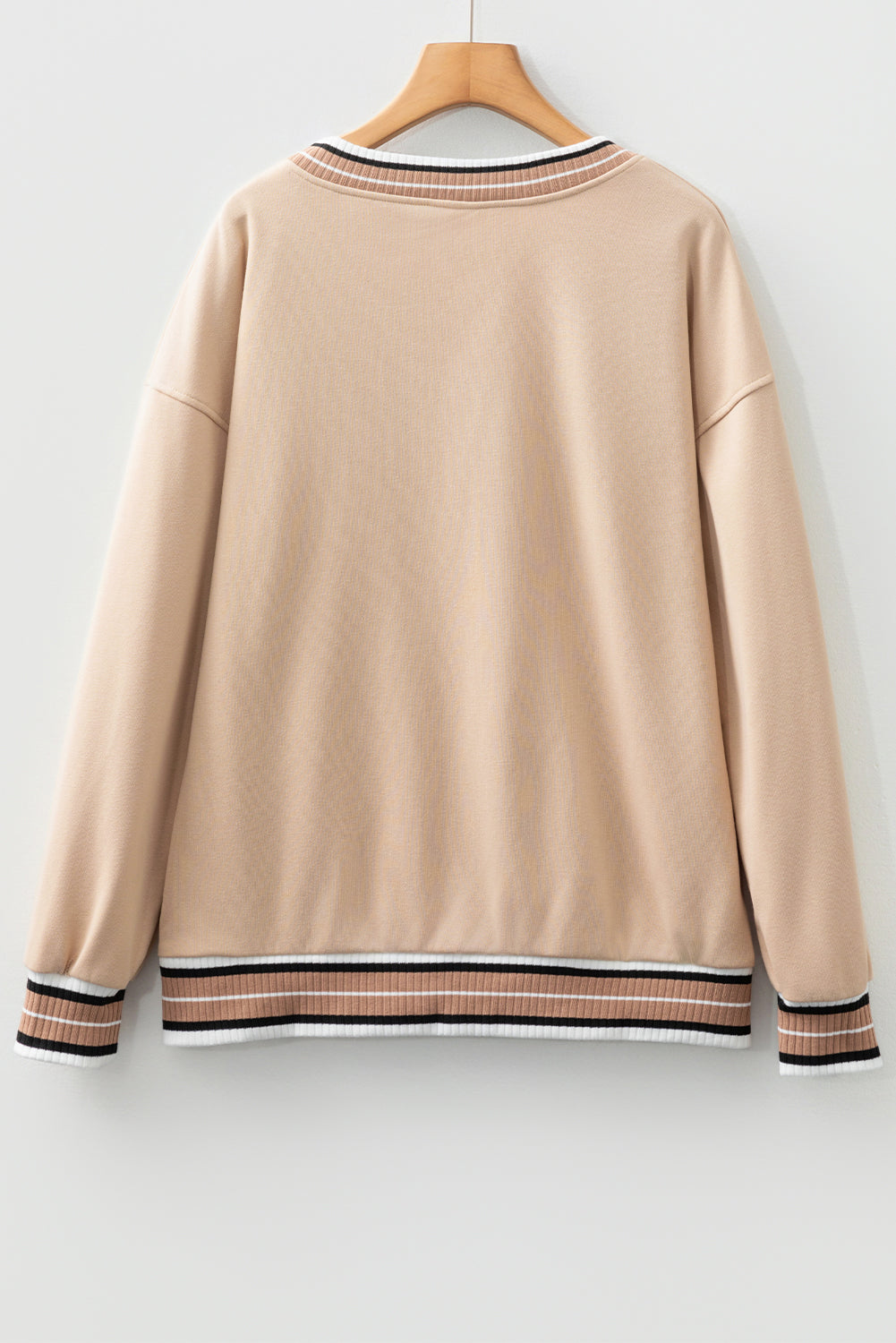 Navy Blue Varsity Contrast Striped Trim V Neck Sweatshirt