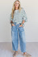 White Stripe Twisted Ribbed Patchwork Drop Shoulder Round Neck Sweatshirt