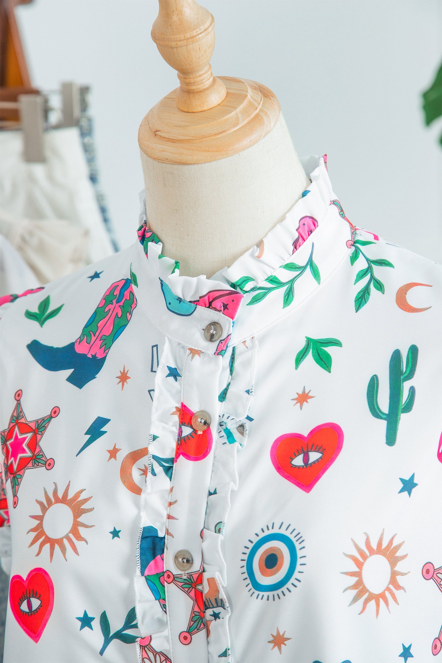 White Western Print Flutter Sleeve Button Down Mini Dress