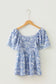 Sky Blue Floral Print Square Neck Ruffled Sleeve Shirred Babydoll Blouse