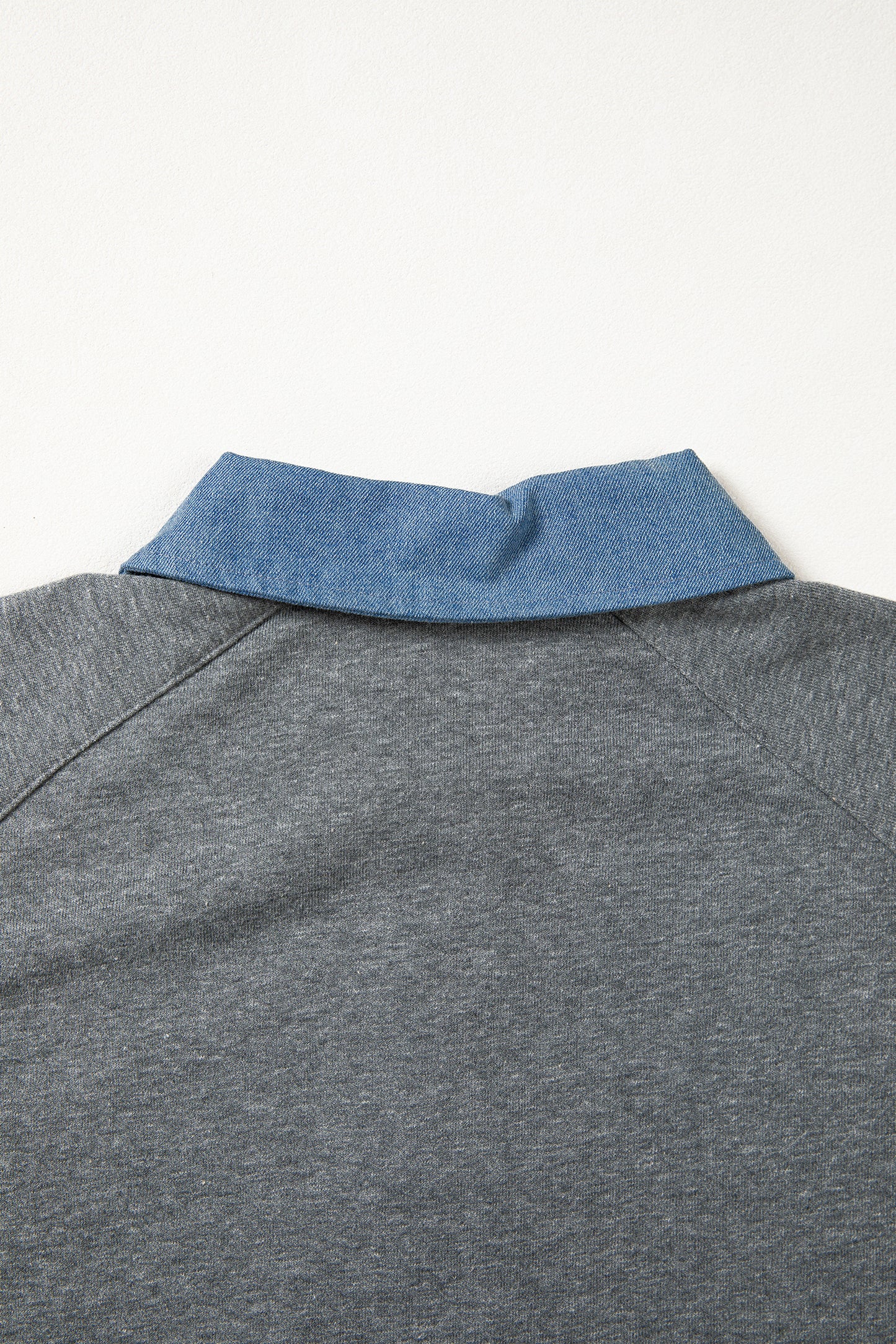 Carbon Grey Denim Color Block Patchwork Shirt Collar Short Sleeve Blouse
