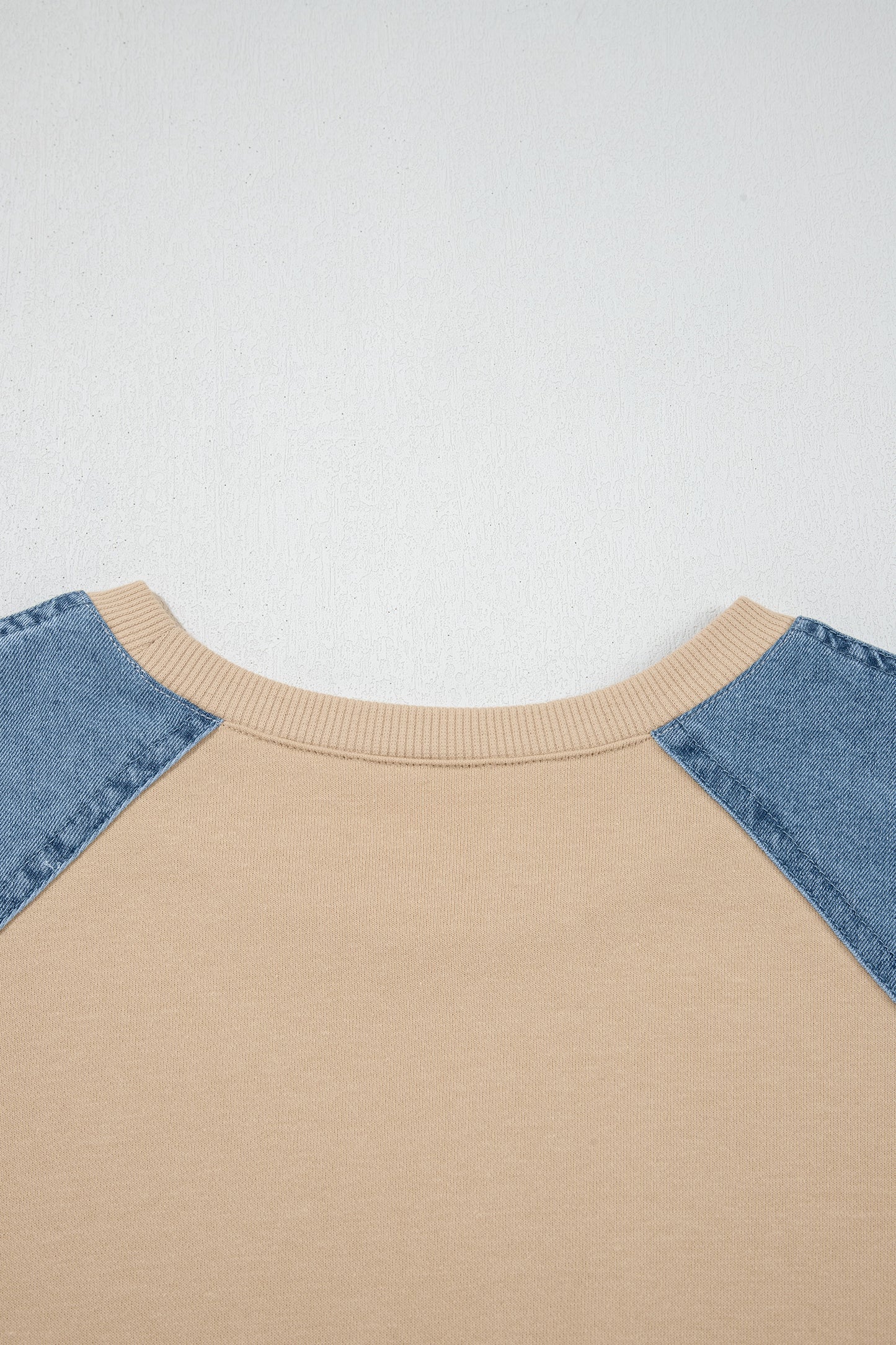 Beige Denim Color Block Patchwork Round Neck Tee