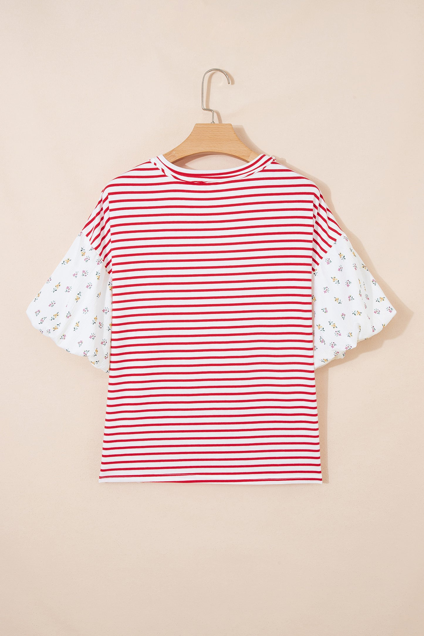 Black Stripe Floral Puff Sleeve Patchwork Round Neck Loose Top