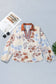 White Plus Size Floral Print Contrast Collar V Neck Long Sleeve Blouse