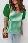 Green Stripe Puff Short Sleeve Patchwork V Neck Blouse