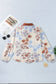 White Plus Size Floral Print Contrast Collar V Neck Long Sleeve Blouse