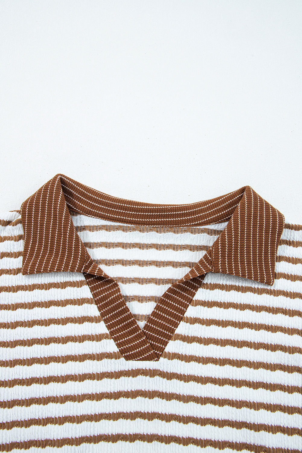 Khaki Stripe Plus Size Collared V Neck Loose Pullover Drawstring Elastic Waist Wide Leg Pant Set