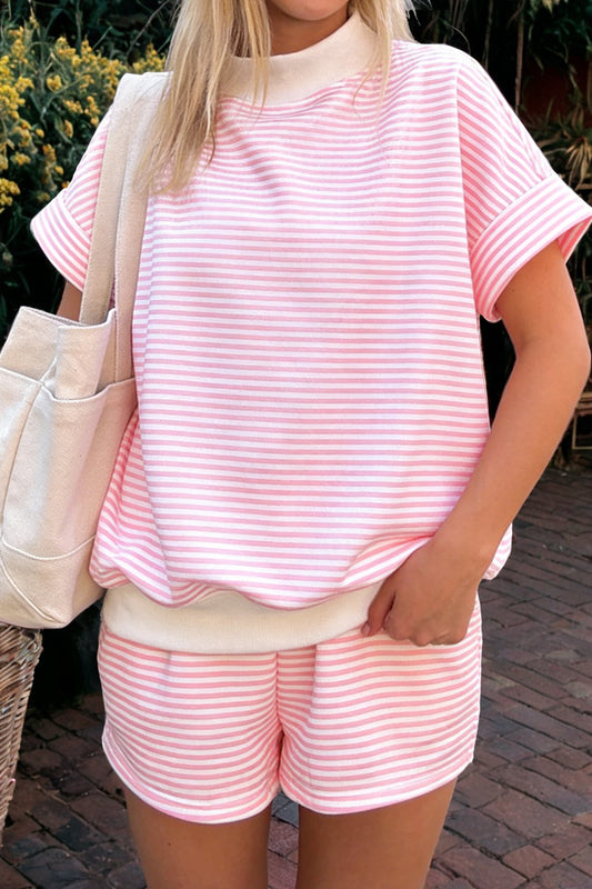 Pink Stripe Cuffed Sleeve Contrast Mock Neck Tee Casual 2pcs Short Set