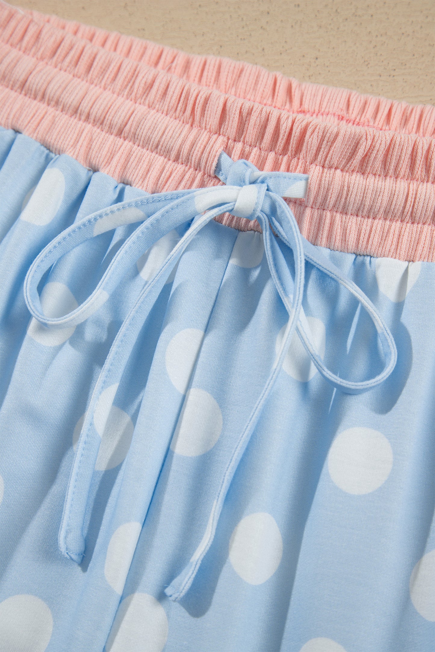 Sky Blue Polka Dot Contrast Trim Long Sleeve Top Drawstring Shift Pants Set