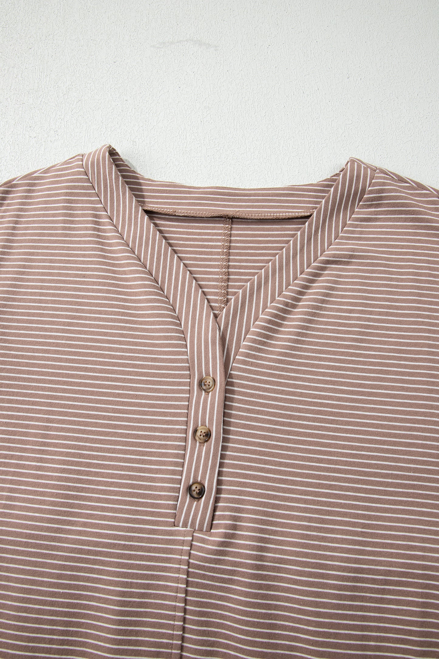 Khaki Stripe Buttoned V Neck High Low Side Slit T Shirt