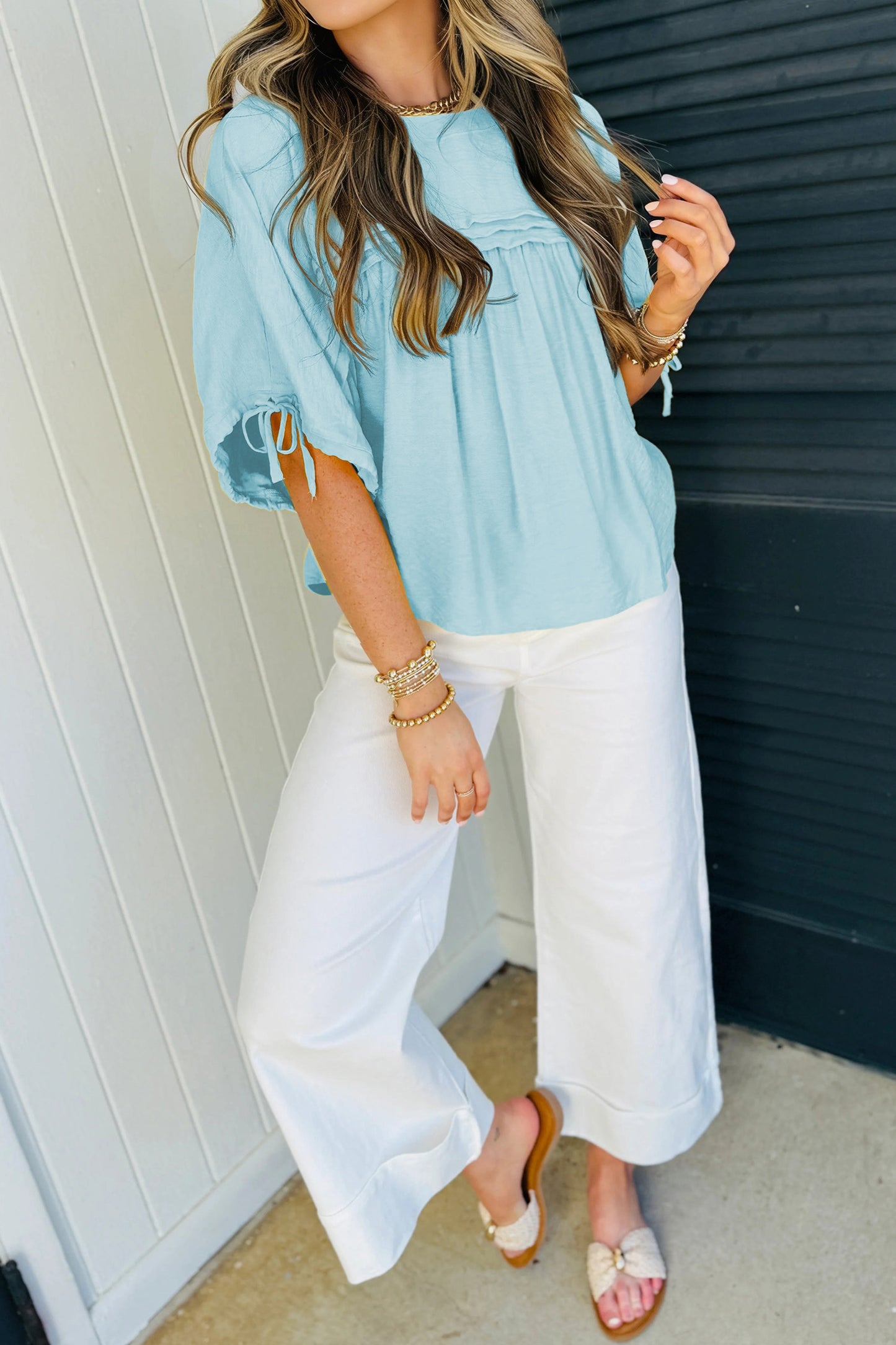 Yellow Cream Tie Half Sleeve Pleated Detail Babydoll Blouse