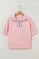 Light Pink Contrast Striped Collar Patchwork Textured Half Sleeve Blouse