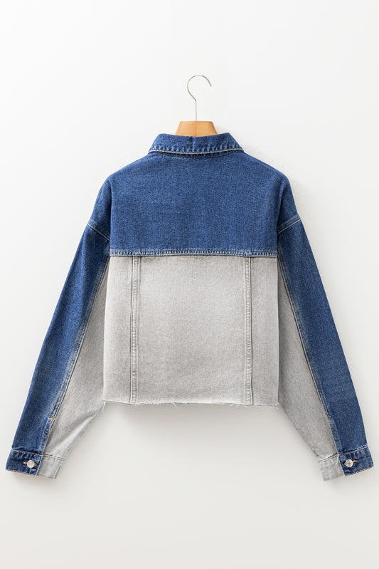 Dusk Blue Color Block Patchwork Flap Detail Distress Denim Jacket