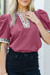 Buckskin Contrast Leopard Trim Split Neck Puff Sleeve Blouse